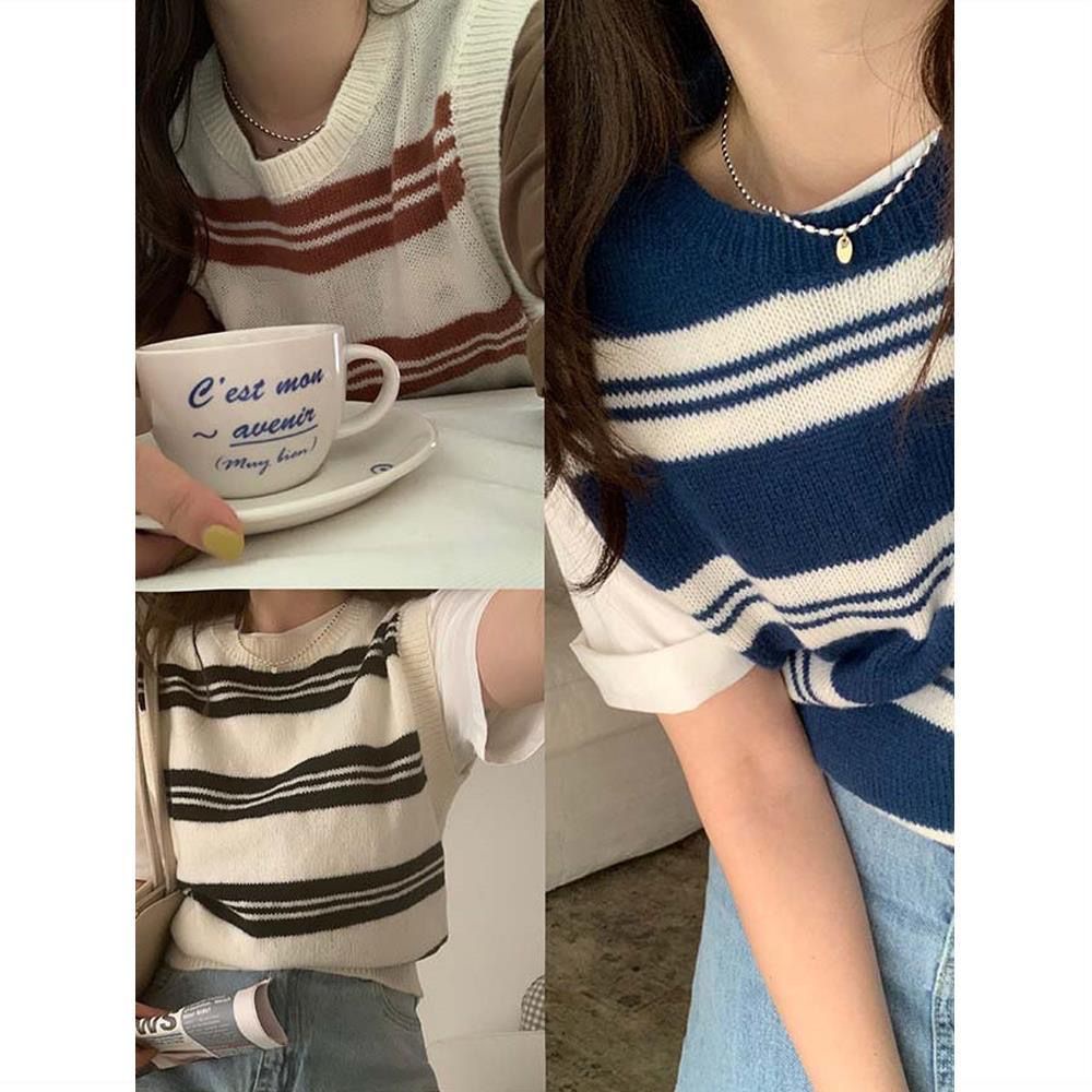 Áo Dệt Kim Sát Nách Cổ Tròn Dáng Rộng Họa Tiết Kẻ Sọc Thời Trang Mùa Thu Mới Cho Nữ