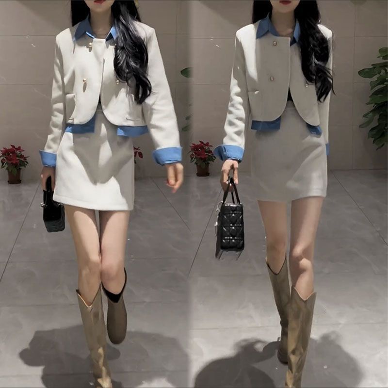 Hàng Mới Về Bộ Áo Khoác / Chân Váy Ngắn Phối Màu Tương Phản Thời Trang Mùa Xuân Châu Âu Cao Cấp