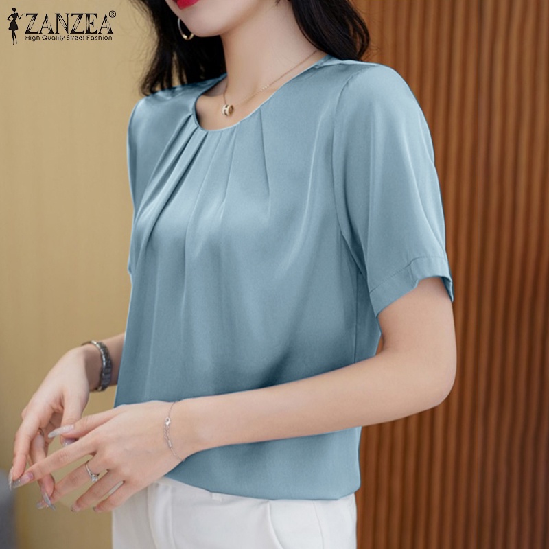Áo kiểu ZANZEA vải satin tay ngắn cổ tròn màu trơn phong cách Hàn Quốc thời trang cho nữ