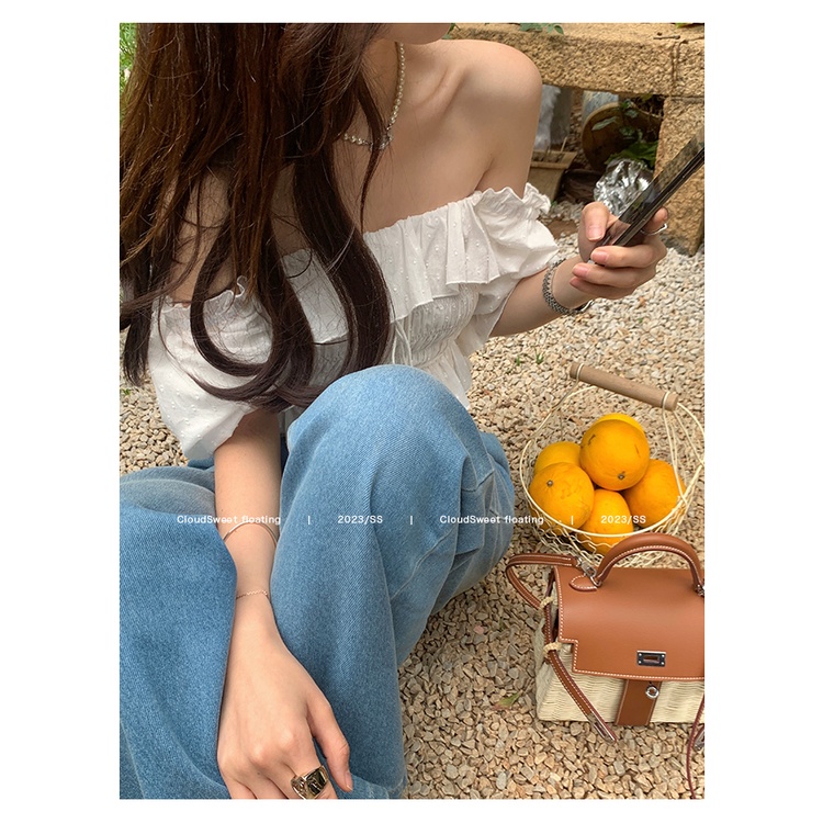 SUXI Áo Kiểu Tay Phồng Trễ Vai Màu Sắc Ngọt Ngào Thời Trang Mùa Hè