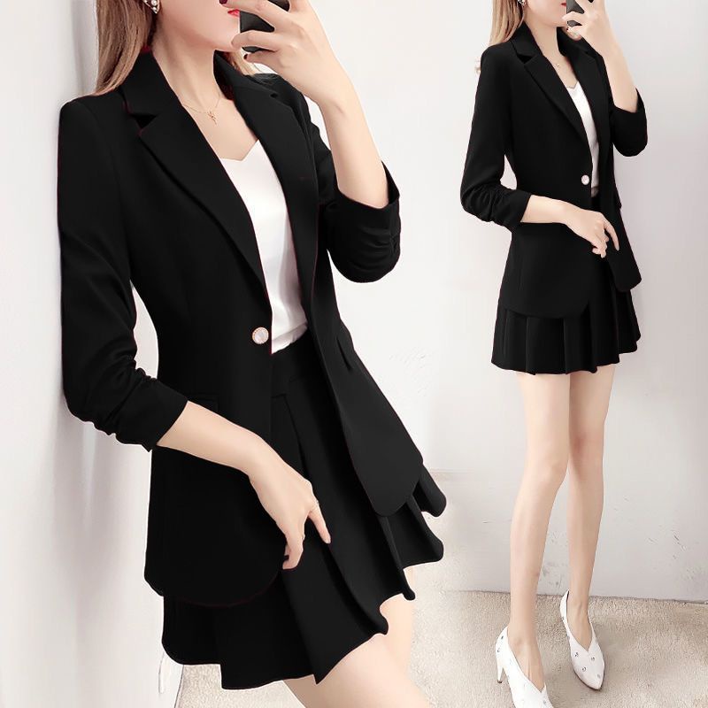 Bộ Áo Khoác Vest Phối Chân Váy Xếp Ly Cỡ Nhỏ Thời Trang Mùa Xuân Xinh Xắn Cho Nữ