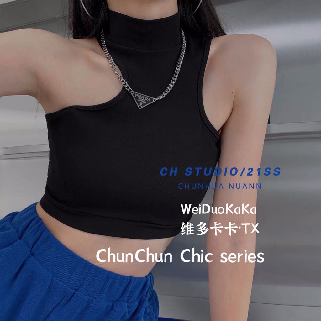Áo Tank Top Cổ Cao Lệch Vai Có Đệm Ngực Gợi Cảm Cho Bạn Gái