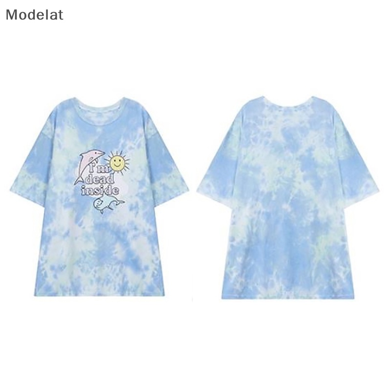 Áo Thun Tay Ngắn Cổ Tròn Dáng Rộng In Màu Nhuộm Thời Trang Mùa Hè Xinh Xắn Cho Nữ