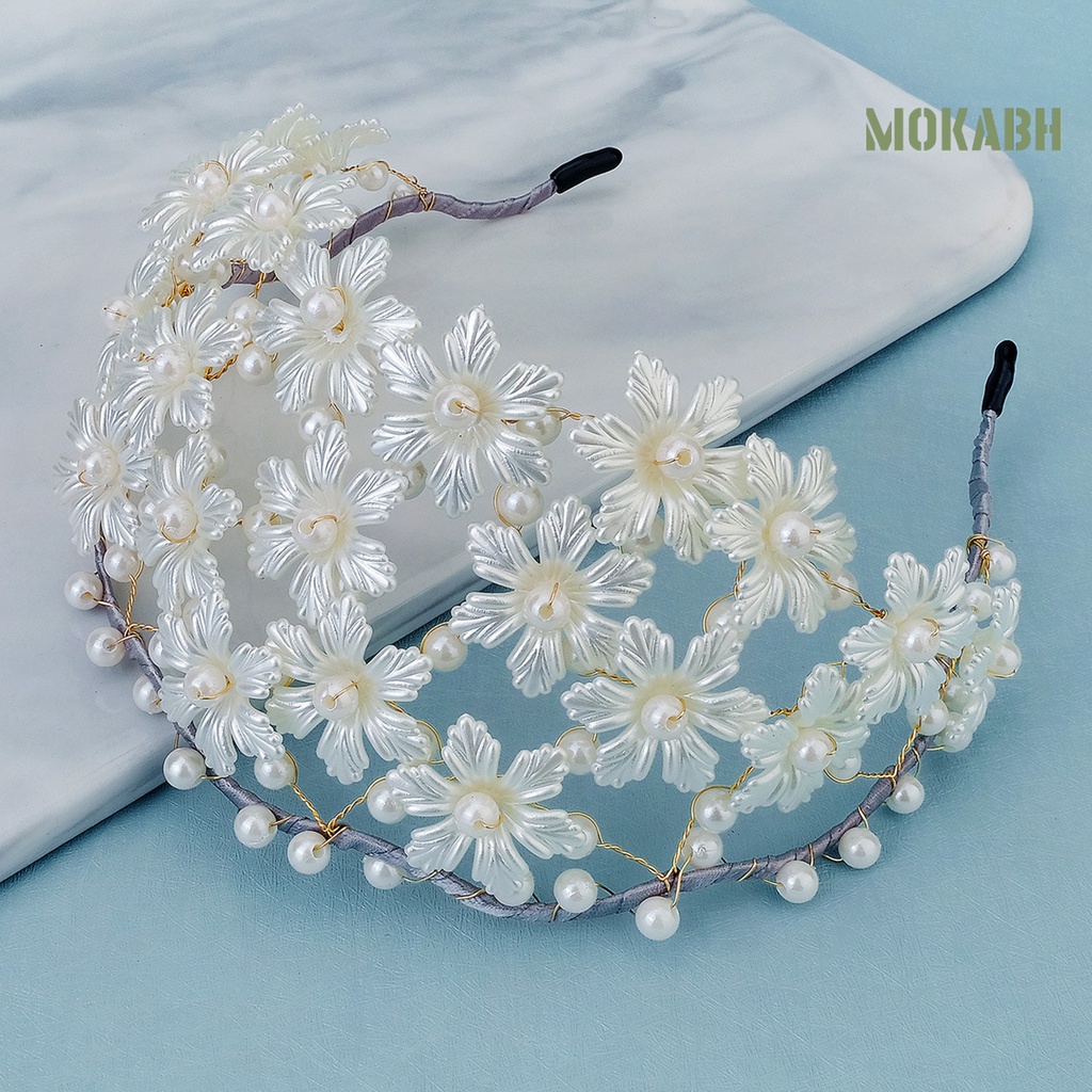 [Mok Abh] Băng Đô Cài Tóc Co Giãn Chống Trượt Họa Tiết Hoa Đính Ngọc Trai Giả Dành Cho Nữ