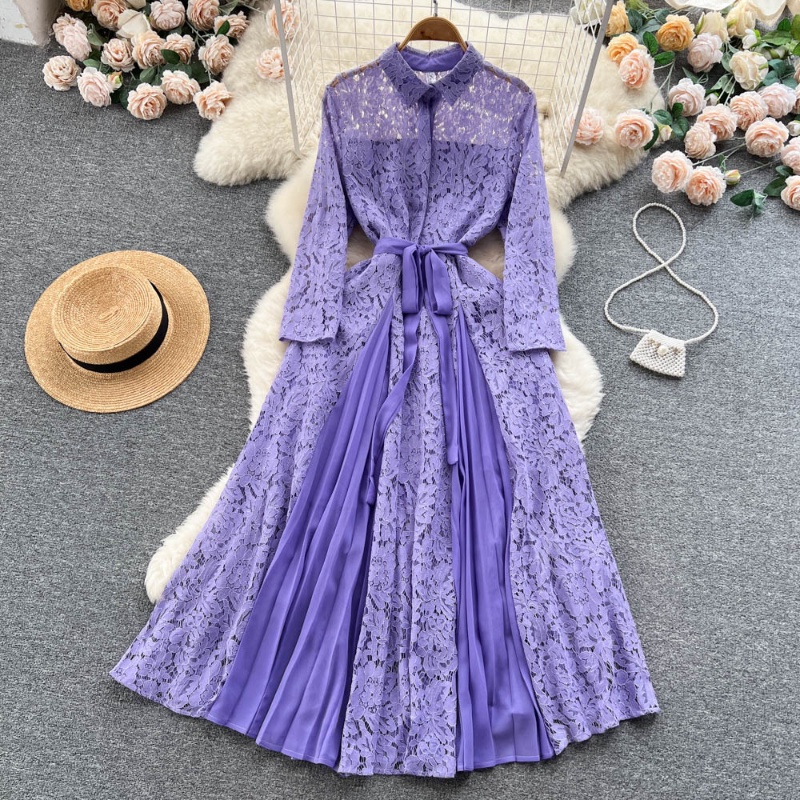 Đầm Dáng Chữ A Tay Dài Eo Cao Phối Ren Lỗ Thời Trang Xuân Hè Cho Nữ
