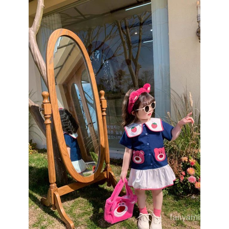 Đầm Tay Ngắn Chất Liệu Cotton Thời Trang Mùa Hè 2023 4AWD Họa Tiết Chú Gấu / Dâu Tây Dễ Thương Cho Bé