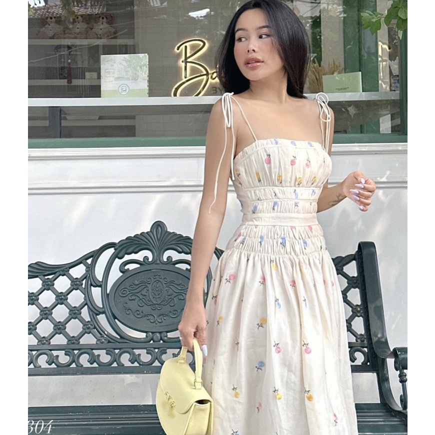 Đầm midi thêu hoa 2 dây cột vai bo thun eo 💖 KÈM ẢNH THẬT