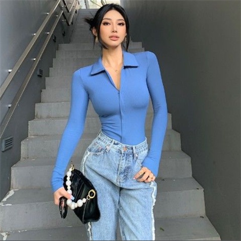 Áo Thun Tay Dài Cổ Bẻ Dáng Ôm Thời Trang Xuân Thu Cho Nữ Z