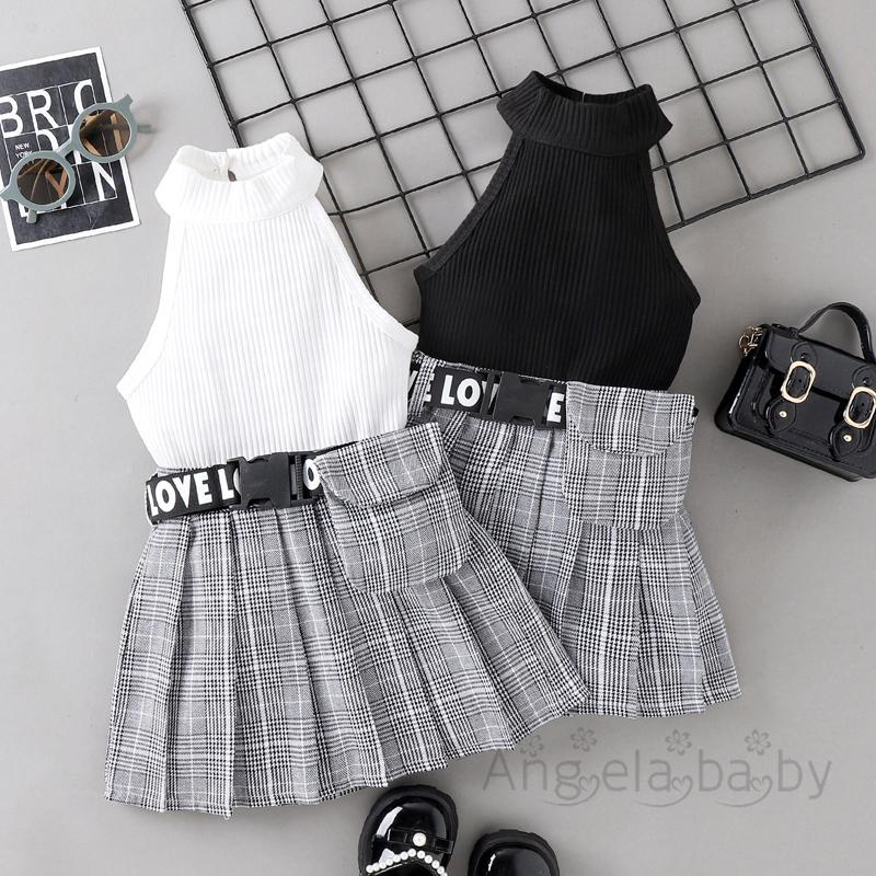 Set Áo Cổ Cao Không Tay Màu Trơn + Chân Váy Xếp Ly + Túi Đeo Hông Thời Trang Mùa Hè Cho Bé Gái 1-6 Tuổi