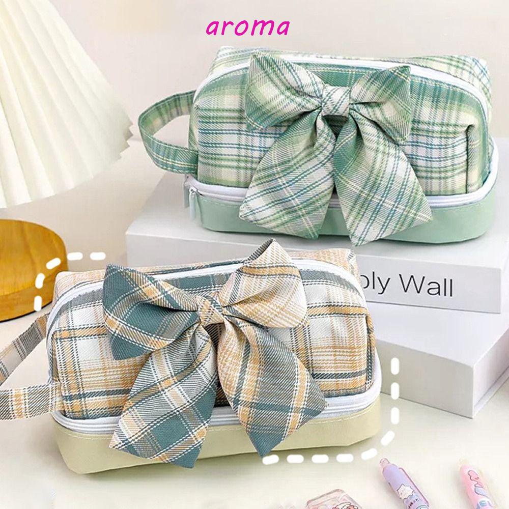 Túi Đựng Bút Chì / Đồ Trang Điểm Di Động Có Khóa Kéo Họa Tiết Sọc Caro Đính Nơ Tháo Rời Được Cho Học Sinh