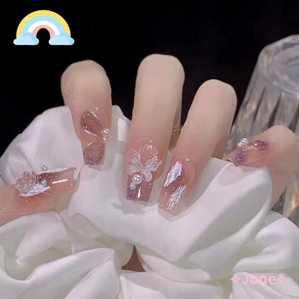 Bộ 24 Móng Tay Giả Lấp Lánh Có Thể Tháo Rời|Ốp Điện Thoại Họa Tiết Bươm Bướm Phong Cách Pháp Độc Đáo