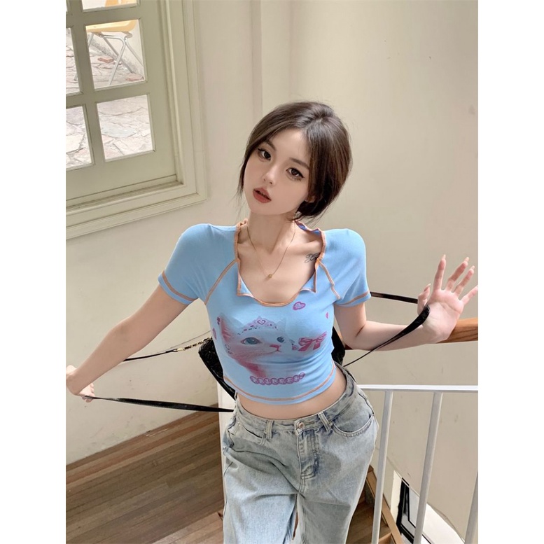 Áo baby tee Thun croptop Croptop Tay Ngắn Cổ Chữ U In Hình Mèo Thời Trang Mùa Hè Dành Cho Nữ