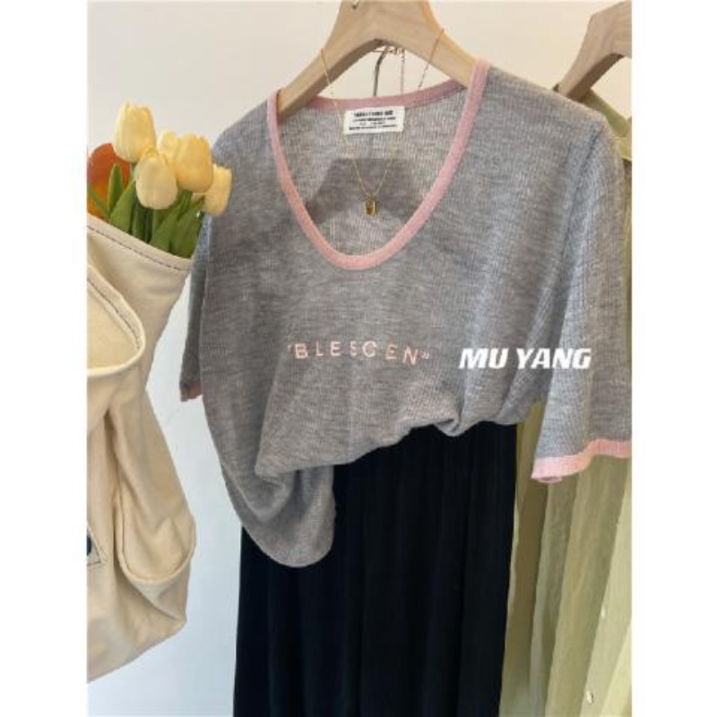 Áo Thun Lụa Lạnh Mỏng Tay Ngắn Thoáng Khí In Chữ Mới Mùa Hè Cho Nữ