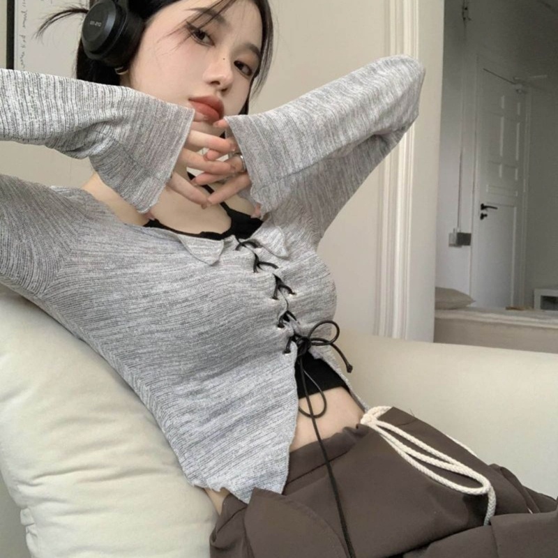 Áo Hai Dây Dệt Kim Tay Dài Thời Trang Mùa Thu Quyến Rũ Cho Nữ