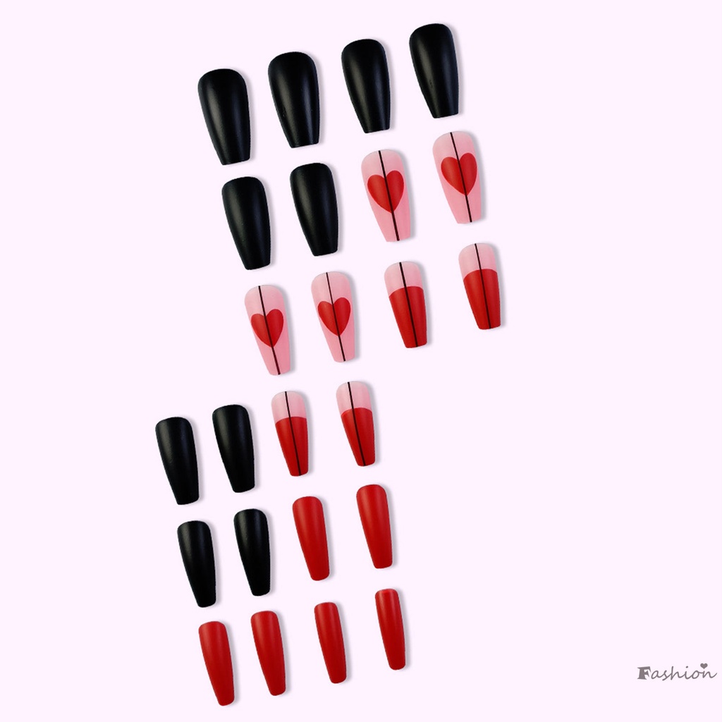 Móng Tay Giả Dài Màu Đỏ Đen Họa Tiết Trái Tim Có Thể Tái Sử Dụng