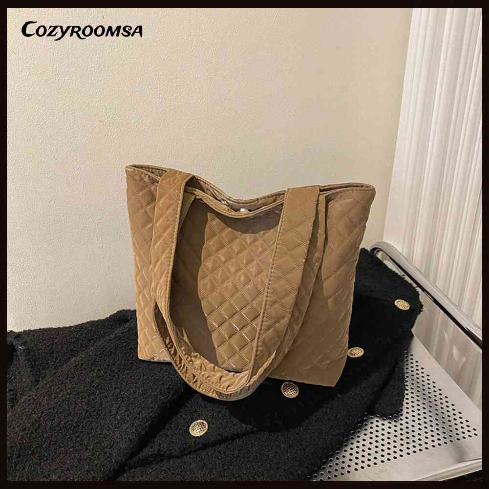 Túi Xách Đeo Vai Có Đệm Cotton Họa Tiết Lưới Hình Thoi Sức Chứa Lớn Cho Nữ