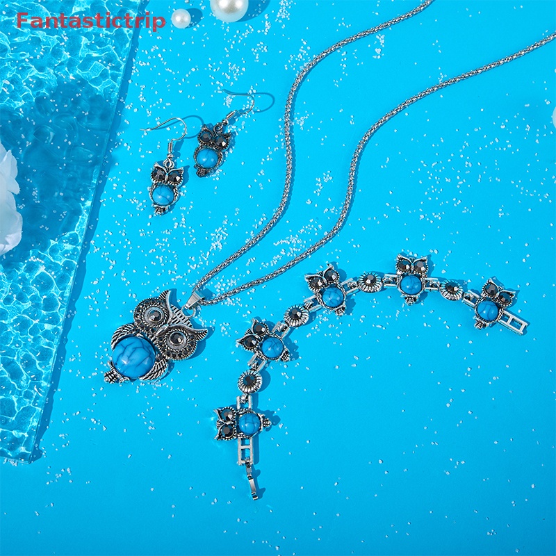 Bộ Trang Sức Vòng cổ / Vòng Tay / Bông Tai Hình Chim Cú Đính Đá Ngọc Lam Phong Cách Vintage Cho Nữ Mới