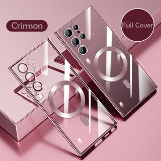 Ốp Điện Thoại Silicon Mỏng Nhẹ Tráng Gương Trong Suốt Kèm Giá Đỡ Nhẫn Từ Tính Cho Samsung Galaxy S23 Ultra S22 Plus Magsafe