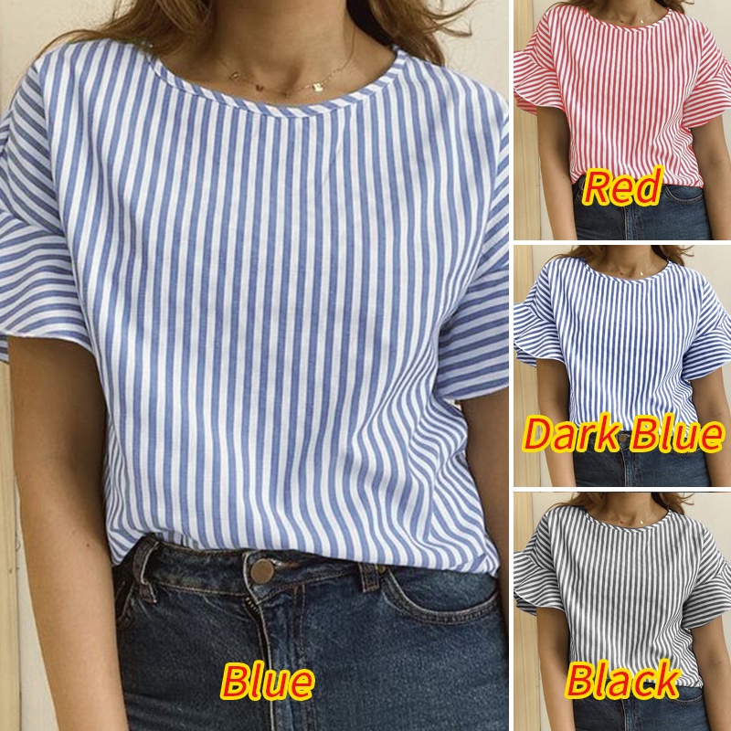 Zanzea Áo Kiểu Cổ Tròn Hở Vai Viền Bèo Họa Tiết Kẻ Sọc Thời Trang Hàn Quốc Cho Nữ