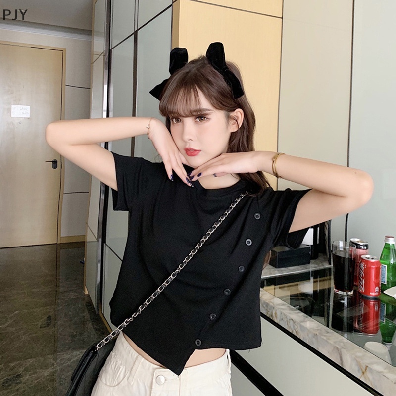 Áo Thun Crop Top Tay Ngắn Màu Trơn Cài Nút Thời Trang Mùa Hè Xinh Xắn Cho Nữ