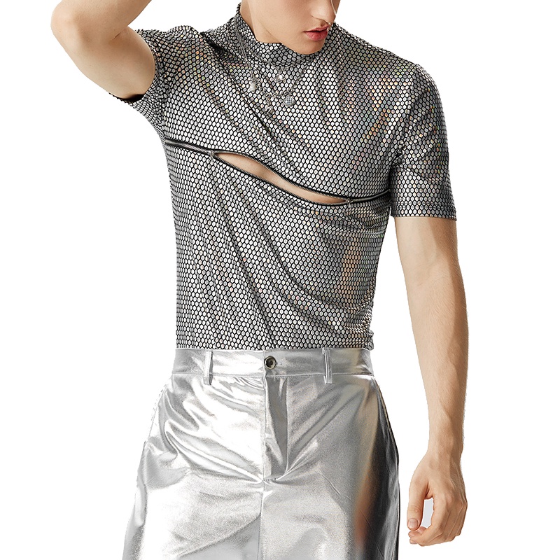 INCERUN Áo Thun Tay Ngắn Cổ Cao Phối Khóa Kéo Thời Trang Cá Tính Cho Nam