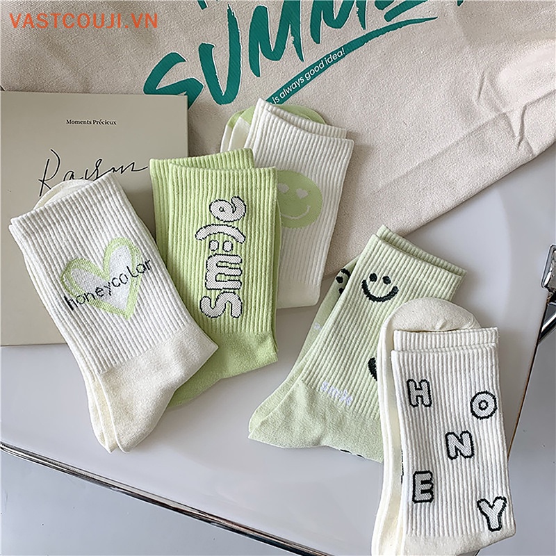 1 Đôi Tất Cotton Thoáng Khí In Hình Mặt Cười Và Chữ Đáng Yêu Cho Nữ