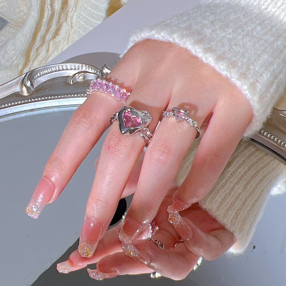 Nhẫn hở IF ME mạ bạc đính đá zircon hồng ngọt ngào họa tiết nơ/ trái tim có thể điều chỉnh cho nữ