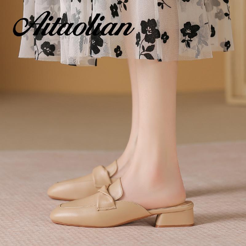 Dép Da Mềm Cao Gót 4cm Mũi Tròn Thời Trang Cho Nữ