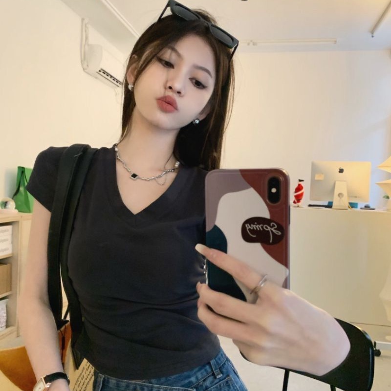 COZOK Áo Thun Ngắn Tay Cổ Chữ V Phối Dây Rút Thời Trang Đơn Giản