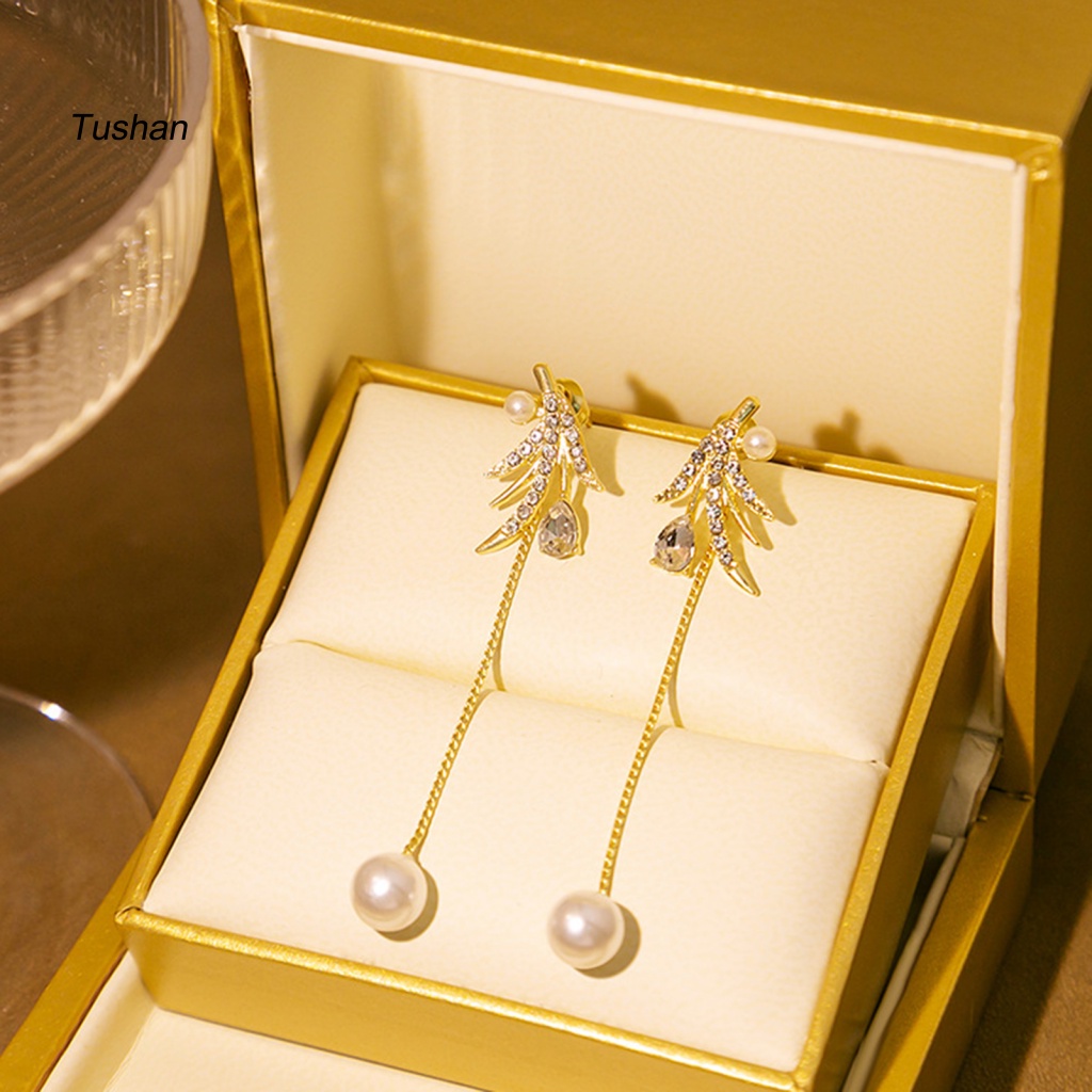 1 Đôi Bông Tai Dáng Dài Mạ Điện Đính Đá Zircon Ngọc Trai Nhân Tạo Thời Trang