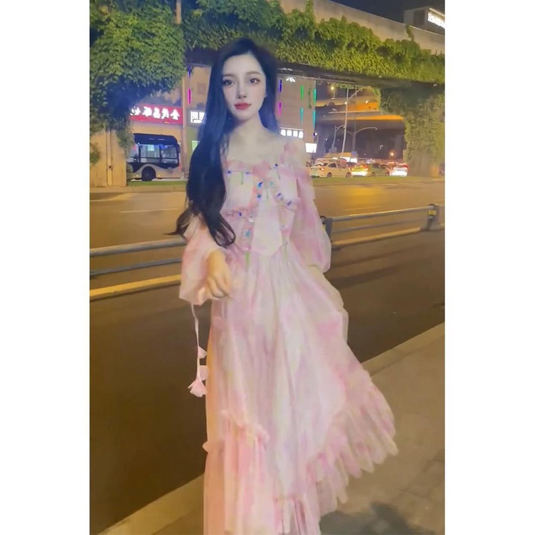 Đầm chiffon Hở Vai Dáng Ôm In Họa Tiết Ren Màu Hồng Phong Cách Pháp Tinh Tế Thời Trang Cao Cấp Cho Nữ