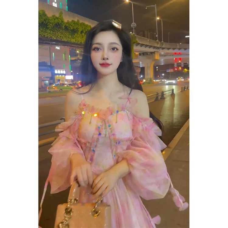 Đầm chiffon Hở Vai Dáng Ôm In Họa Tiết Ren Màu Hồng Phong Cách Pháp Tinh Tế Thời Trang Cao Cấp Cho Nữ