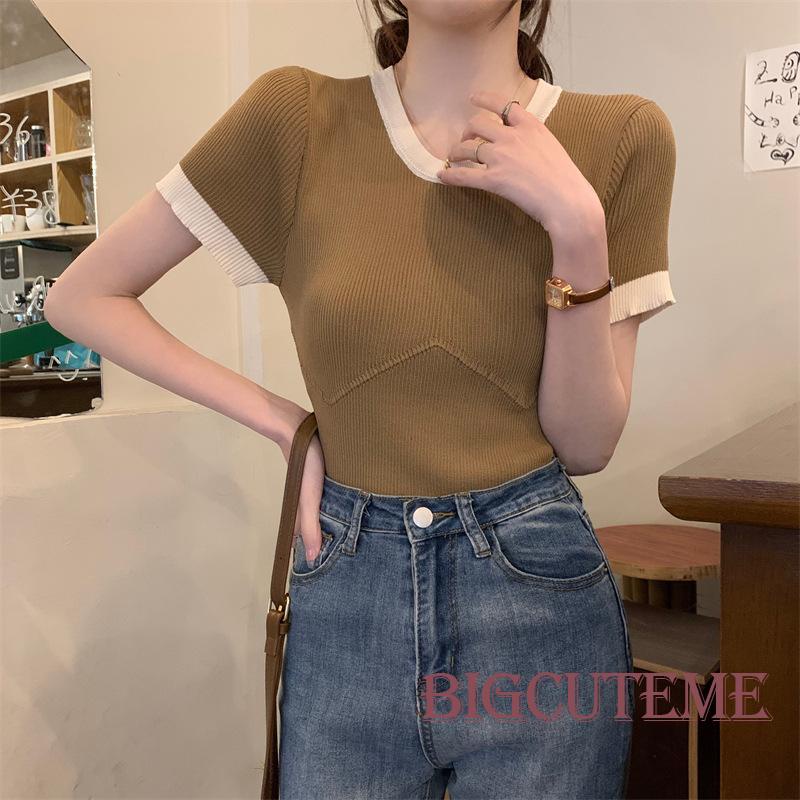 Áo Croptop Dệt Kim Tay Ngắn Cổ Tròn Màu Sắc Tương Phản Thời Trang Đường Phố Cho Nữ