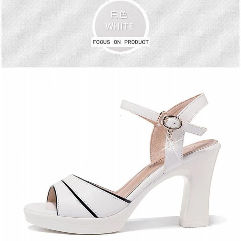Giày Cao Gót Sandal Đế Thô Màu Trắng Thời Trang Mùa Hè 2023 Cho Nữ