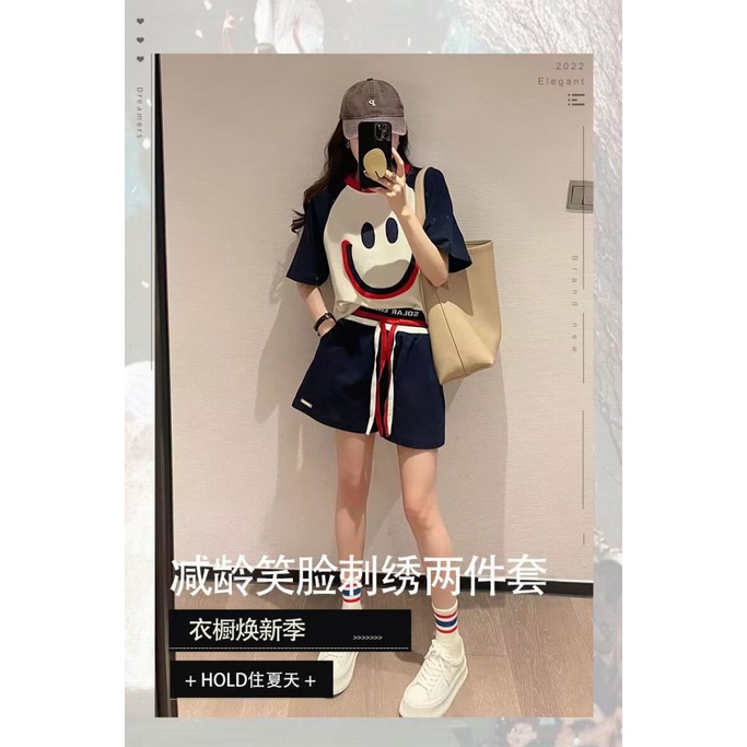 Set Áo Thun Tay Ngắn Dáng Rộng In Hình Mặt Cười Thời Trang Mùa Hè 2023 Mới Cho Nữ