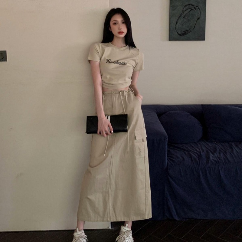 Bộ Áo Thun Ngắn Tay + Chân Váy Chữ A Lưng Cao Thời Trang Vintage Đơn Giản Cá Tính 2023