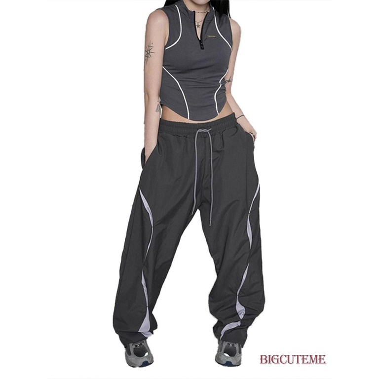 Quần Dài Dáng Suông Lưng Thun Rút Dây Màu Sắc Tương Phản Thời Trang Đường Phố Cho Nữ