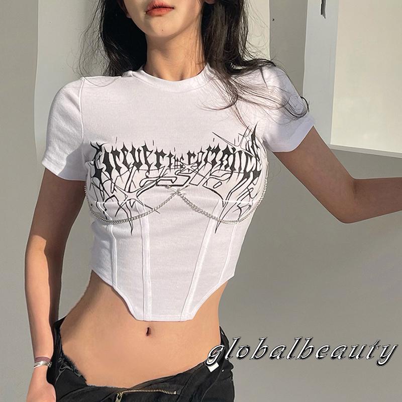 Áo Thun Croptop Tay Ngắn Cổ Tròn In Chữ Phối Dây Xích Kim Loại Ôm Dáng Cá Tính Cho Nữ