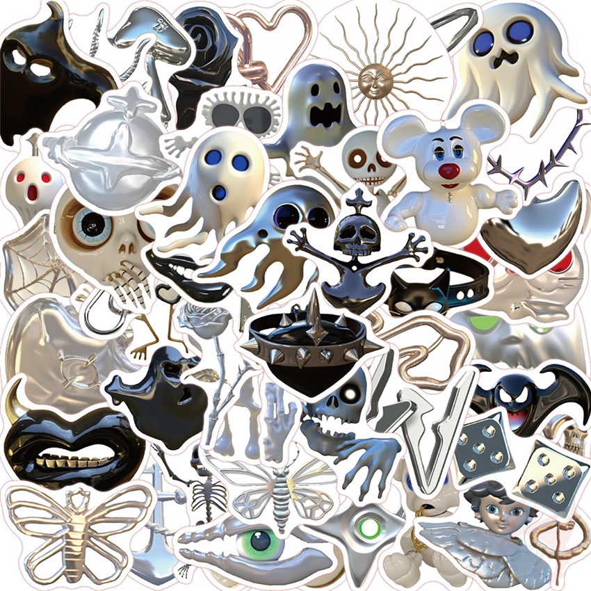 ❉ Sticker Bạc Dán Trang Trí Phong Cách Kinh Dị 01 ❉ Bộ 50 Sticker Chống Thấm Nước Họa Tiết Doodle Hợp Thời Trang