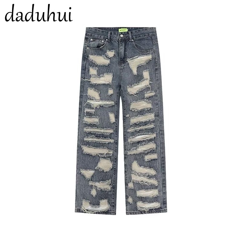 Daduhui New American Ins Retro Ripped Jeans Women's High Waist Loose Wide Leg Pants Large Size Trousers