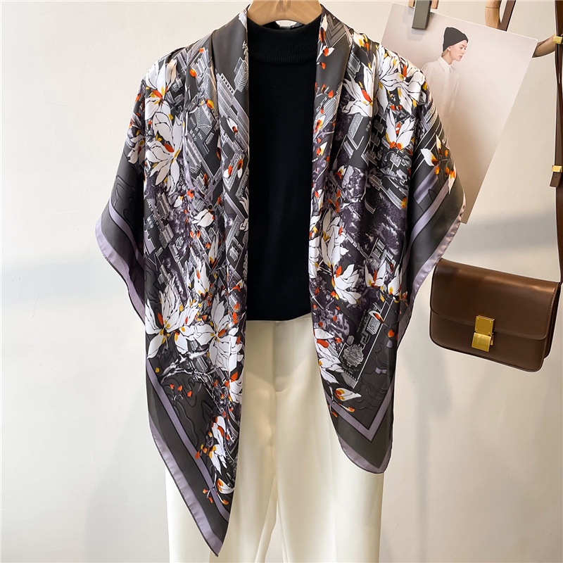 Khăn Choàng Vuông 110cm Vải Satin Họa Tiết Hoa Thời Trang Mùa Hè