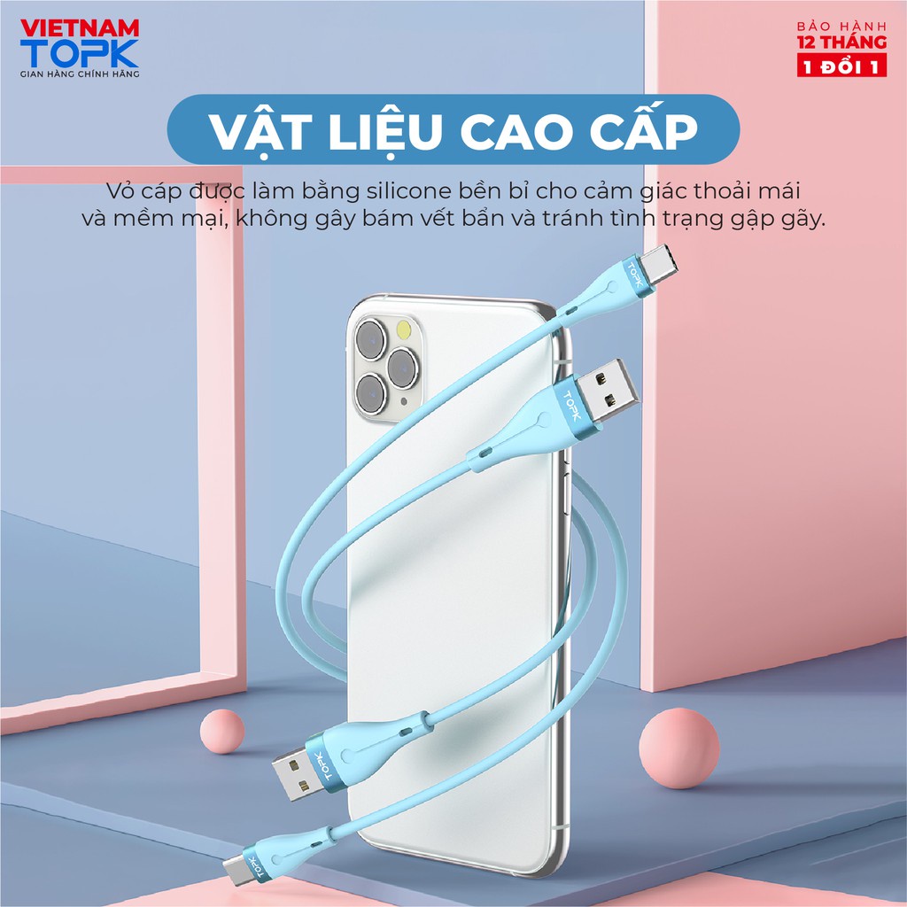 Dây cáp sạc TOPK AN46 dùng cho điện thoại Vỏ TPE silicon dẻo chống đứt gãy Hàng chính hãng Bảo hành 12 tháng