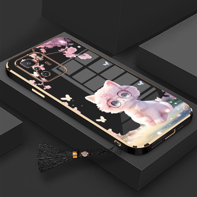 Ốp Điện Thoại TPU Silicon Mềm Mạ Viền Hình Mèo Kèm Dây Đeo Tua Rua Cho Redmi note 10 Pro 5G