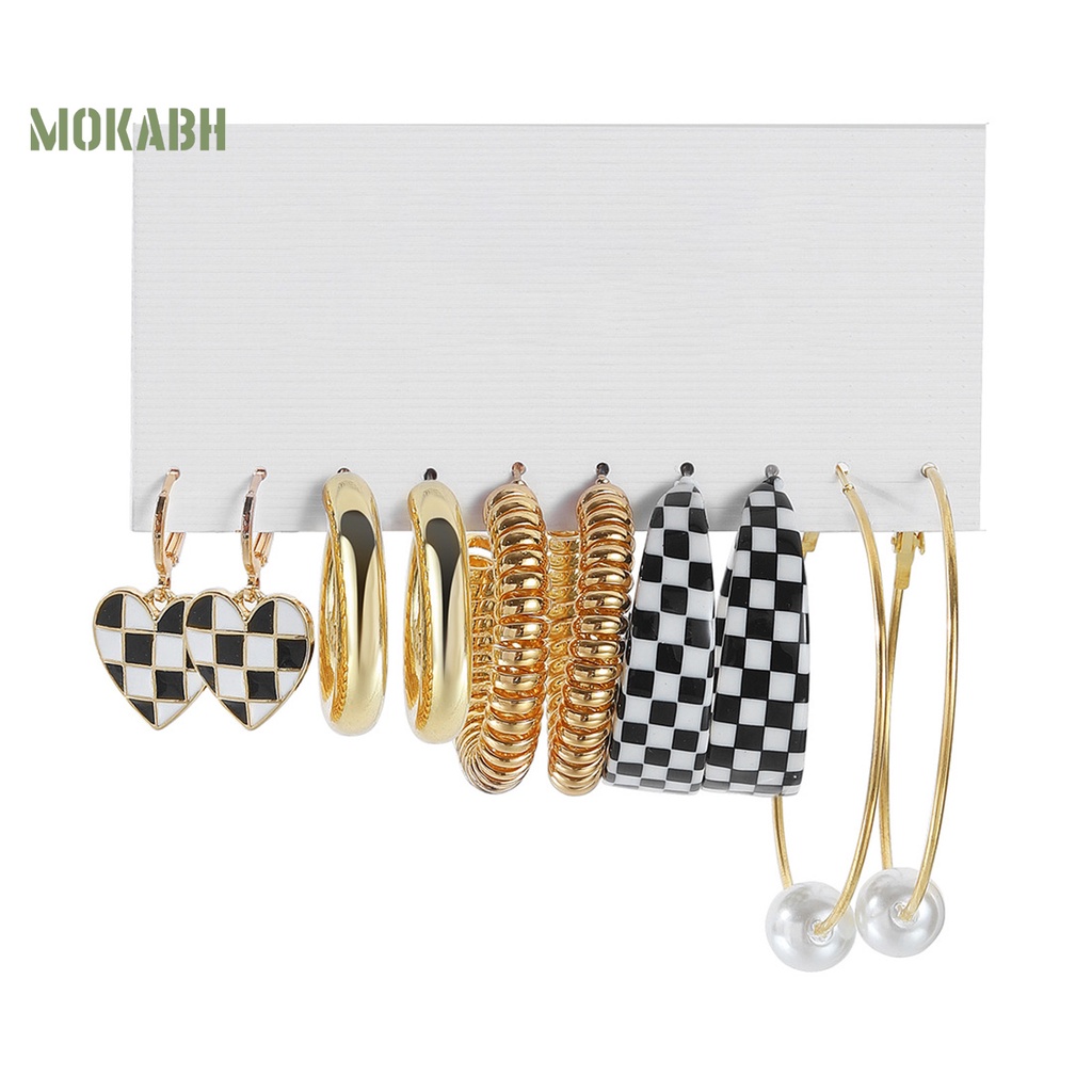 Set 5 Đôi Bông Tai Dạng Vòng Hình Học Họa Tiết Bướm / Trái Tim / Ngọc Trai Giả Màu Trắng Đen Thời Trang Cho Nữ