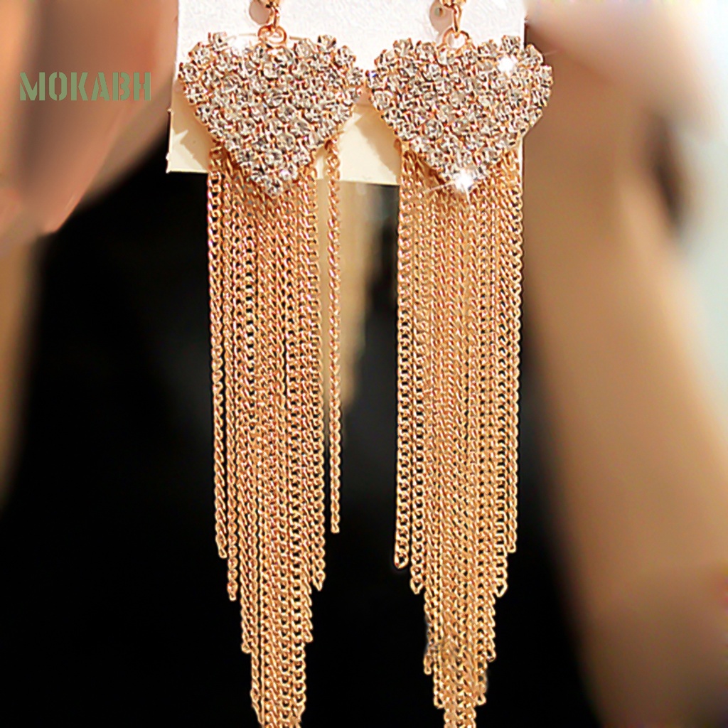 Bông Tai Dáng Dài Hình Trái Tim Phối Tua Rua Thời Trang Dự Tiệc Cho Nữ