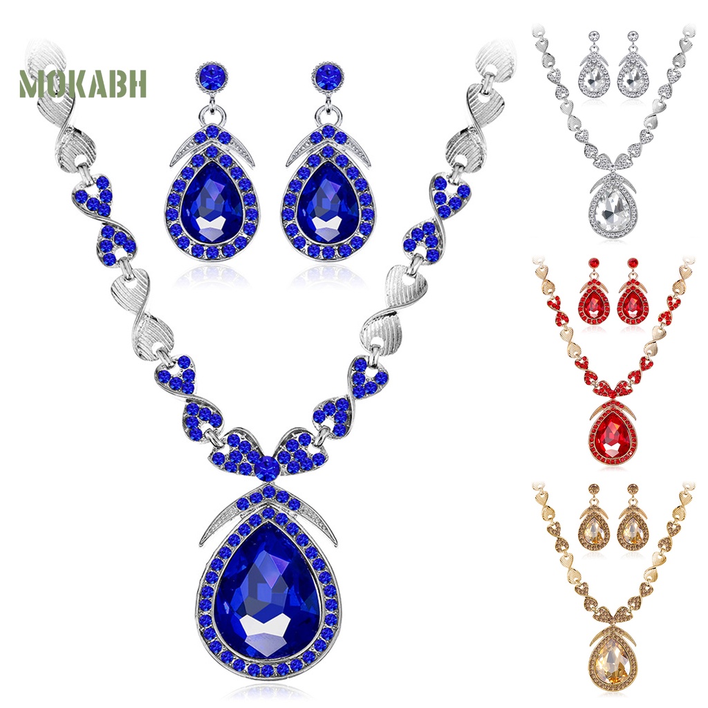 1 Bộ Vòng cổ + Bông Tai Đính Kim Cương Giả Hình Giọt Nước Lấp Lánh Sang Trọng