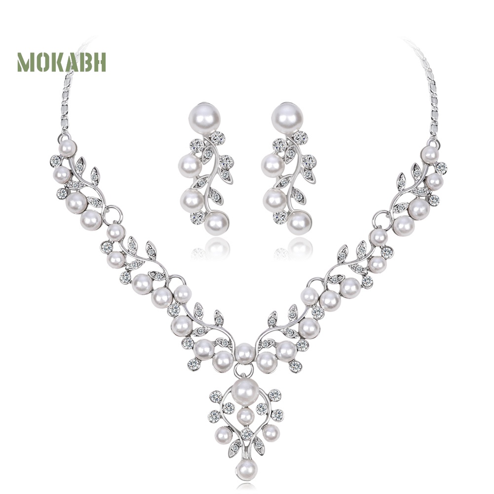 Bộ Vòng cổ + Bông Tai Đính Đá &amp; Ngọc Trai Giả Thanh Lịch Cho Nữ