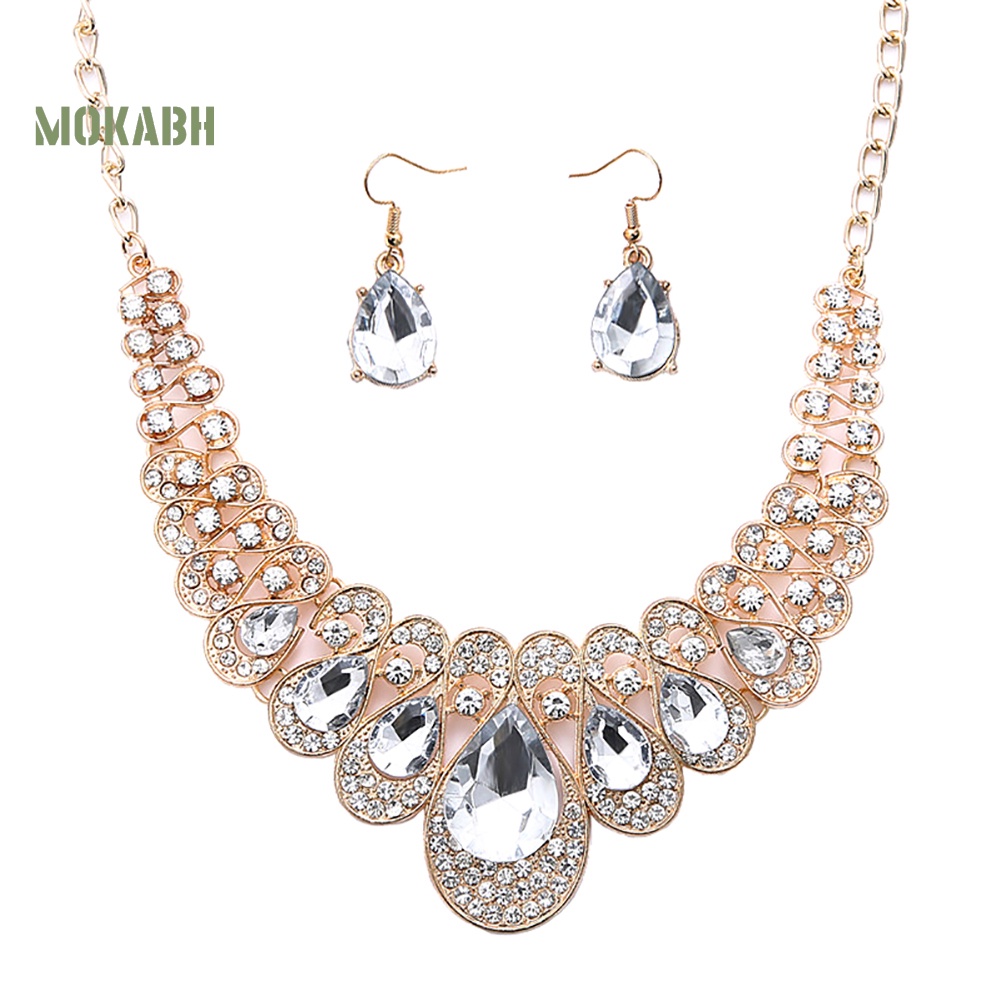 Set 2 Vòng cổ + Bông Tai Đính Đá Hình Giọt Nước