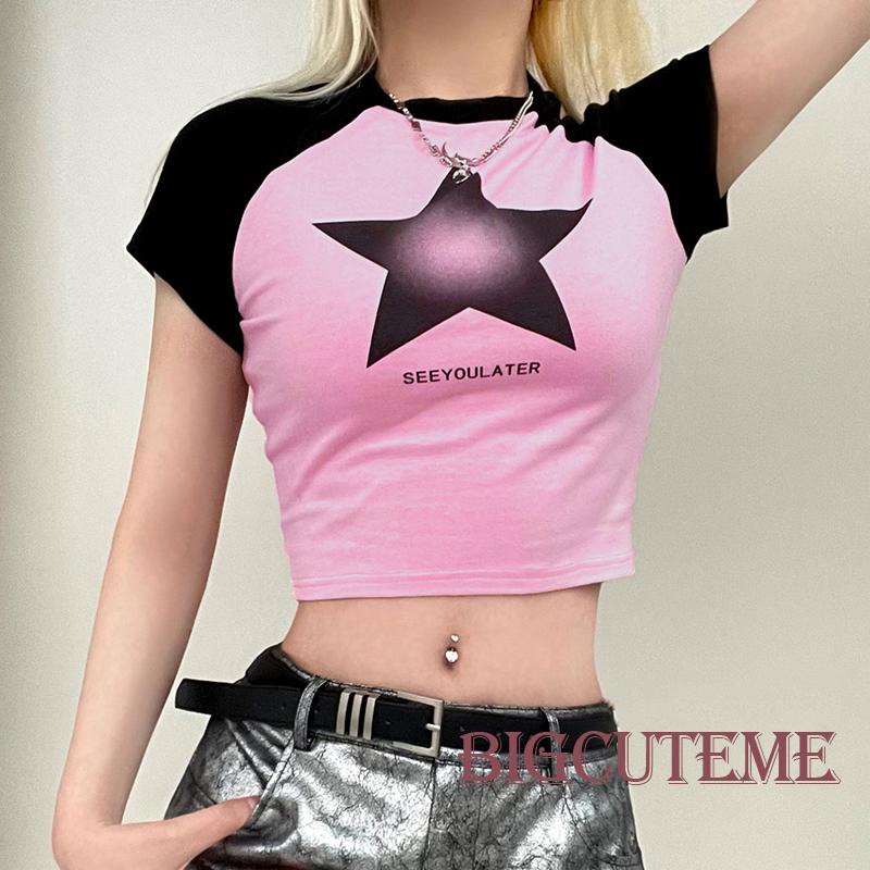 Áo Thun Crop Top Tay Ngắn In Chữ / Ngôi Sao Màu Sắc Tương Phản Thời Trang Cho Nữ