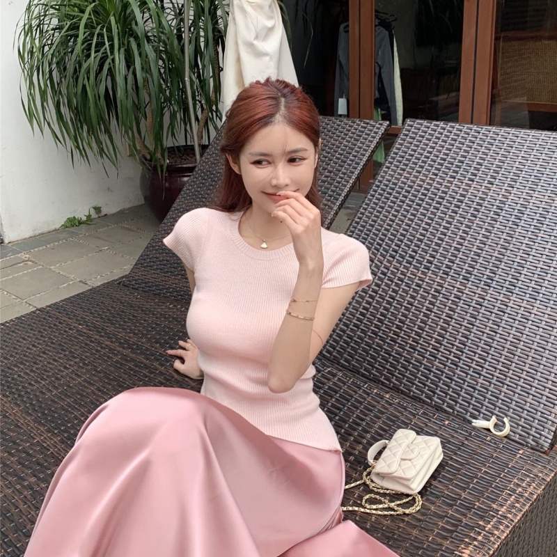 Cozok Áo Thun Dệt Kim Tay Ngắn Màu Trơn Cổ Thuyền Đơn Giản Thời Trang